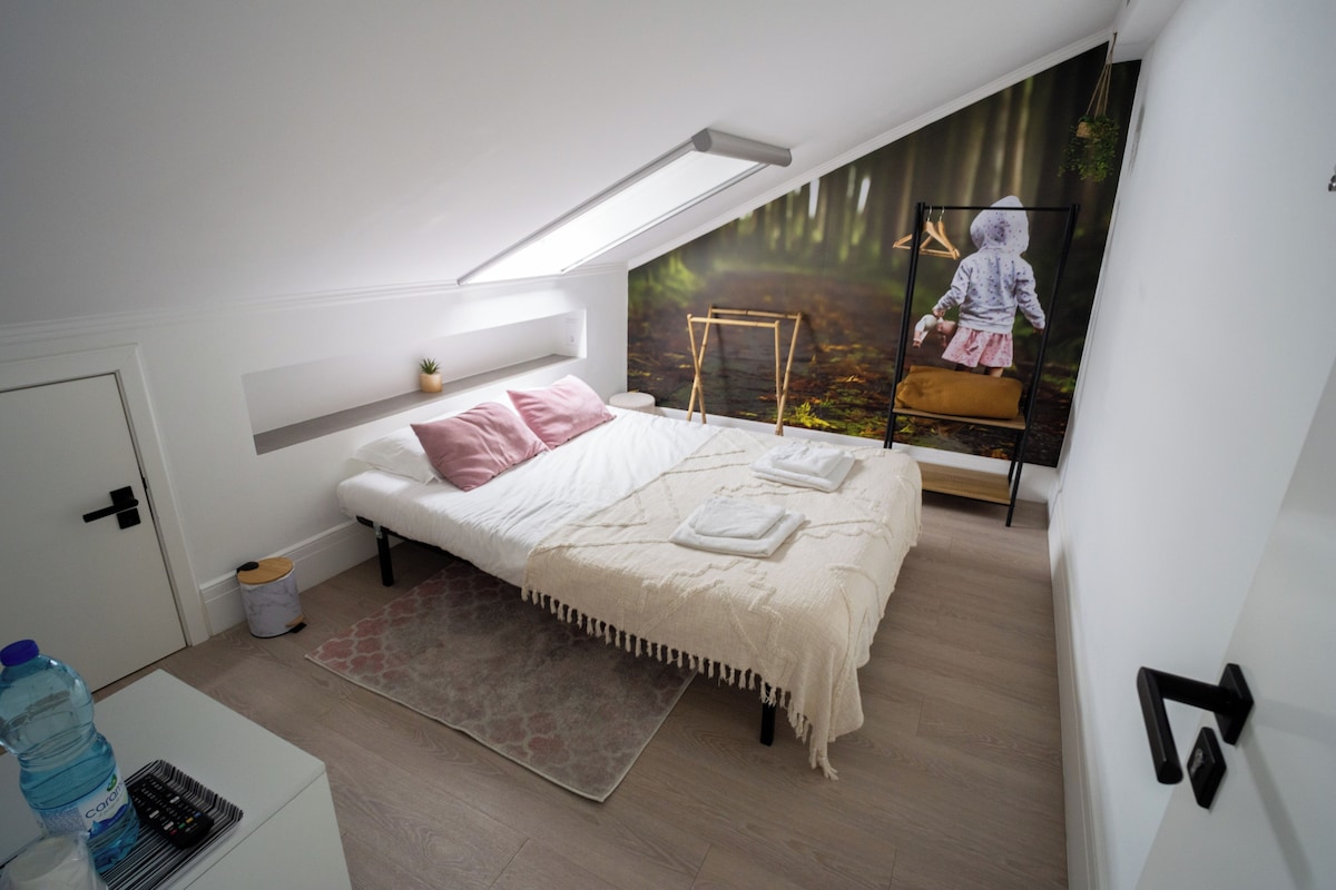 A modern bedroom with a skylight, a bed with pillows, a hanging plant, and a wall with a nature scene.