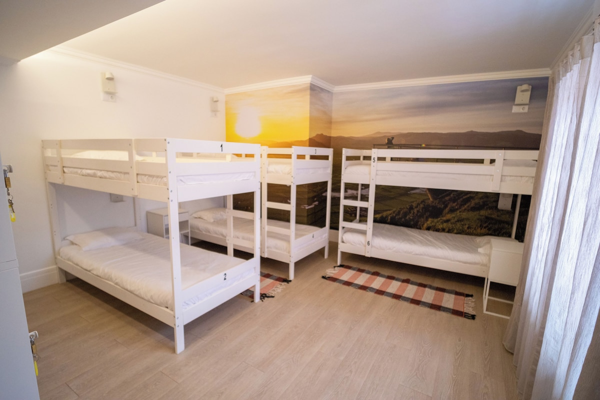 A room with bunk beds, a painting of a sunset, and a checkered rug.