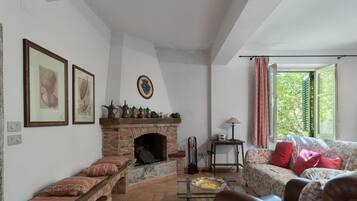 Una sala de estar con chimenea, un sofá, una mesa de centro y un ventanal con cortinas.