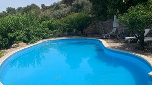 A swimming pool with a curved edge, surrounded by a stone wall and greenery. - Apartment on the oil mill (Torrenova)