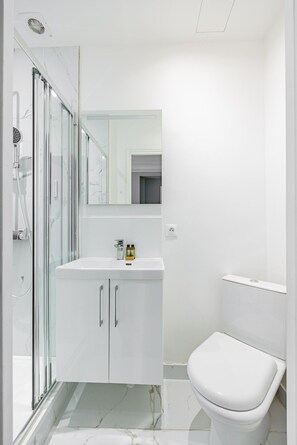 Ein modernes Badezimmer mit Duschkabine aus Glas, einem weißen Waschtisch mit Spiegel und einer Toilette.
