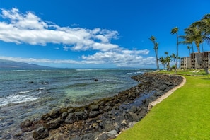 A coastal hotel with a rocky shoreline, palm trees, and a clear sky. - Maalaea Kai #220 2 Bedroom Condo (Wailuku)
