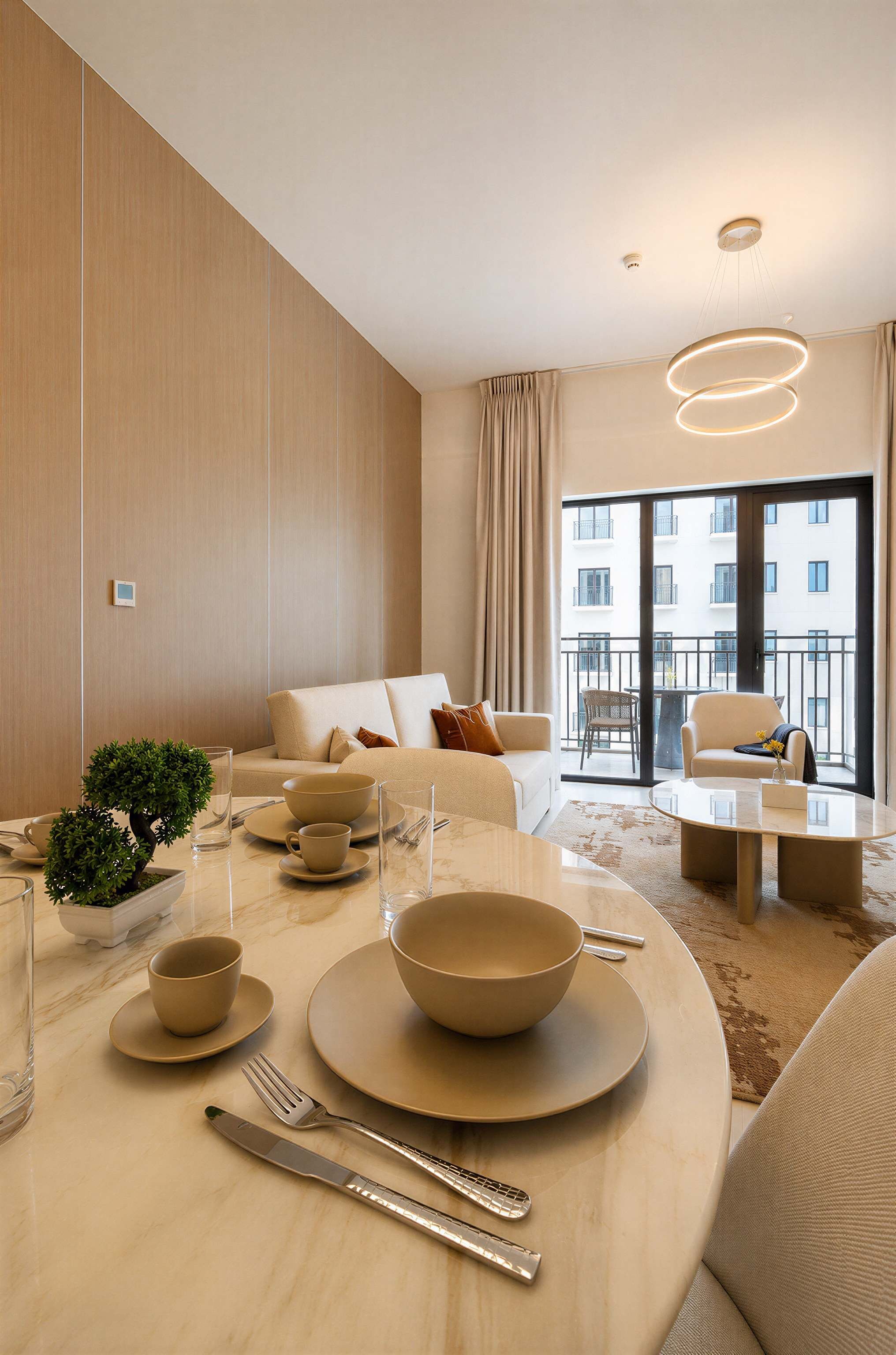 Een moderne woonkamer met een eethoek, voorzien van een bank, een salontafel en een eettafel gedekt met kommen, bekers en bestek.