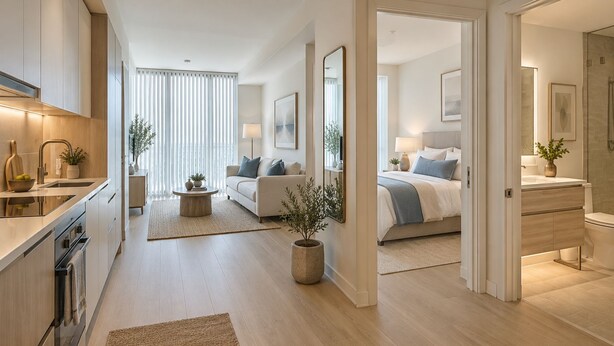 Ein modernes Apartment mit Küche, Wohnbereich und Schlafzimmer.