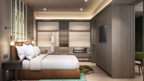 Un dormitorio de hotel moderno con una cama grande, un armario, televisión y baño.