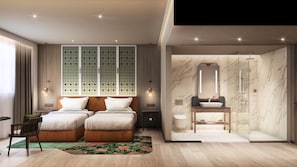 A modern bedroom with two beds, a large window with a grid pattern, and a bathroom with a marble sink and mirror.