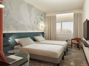 A hotel room with two beds, a desk, a chair, a laptop, and a large window with curtains.