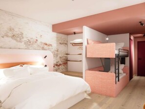 A bedroom with a bunk bed, a single bed, and a white headboard. - Ibis Styles Valence (ouverture Automne 2026) (Valence)
