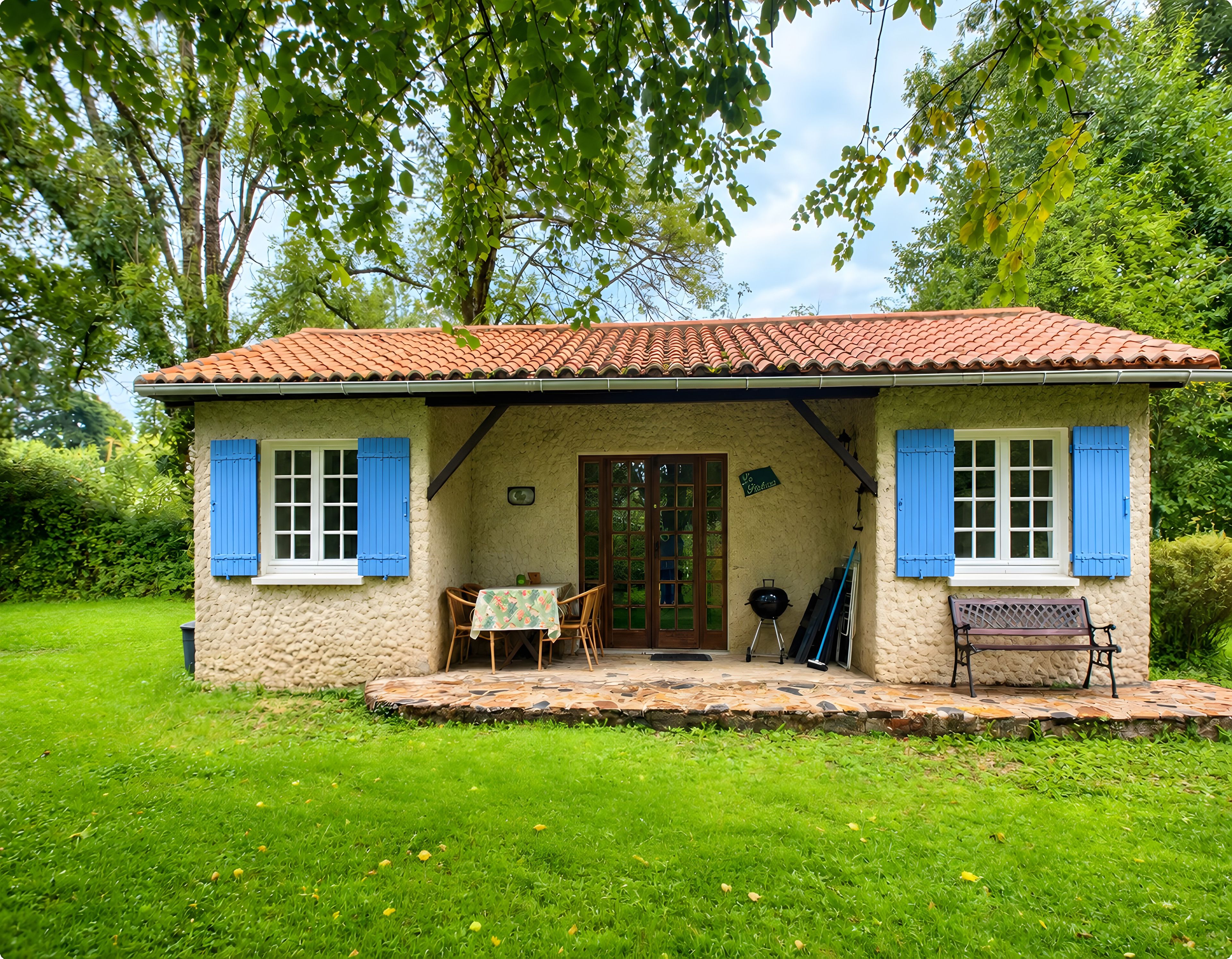 Una casita con techo de tejas, una puerta principal y un patio con mesa y sillas.