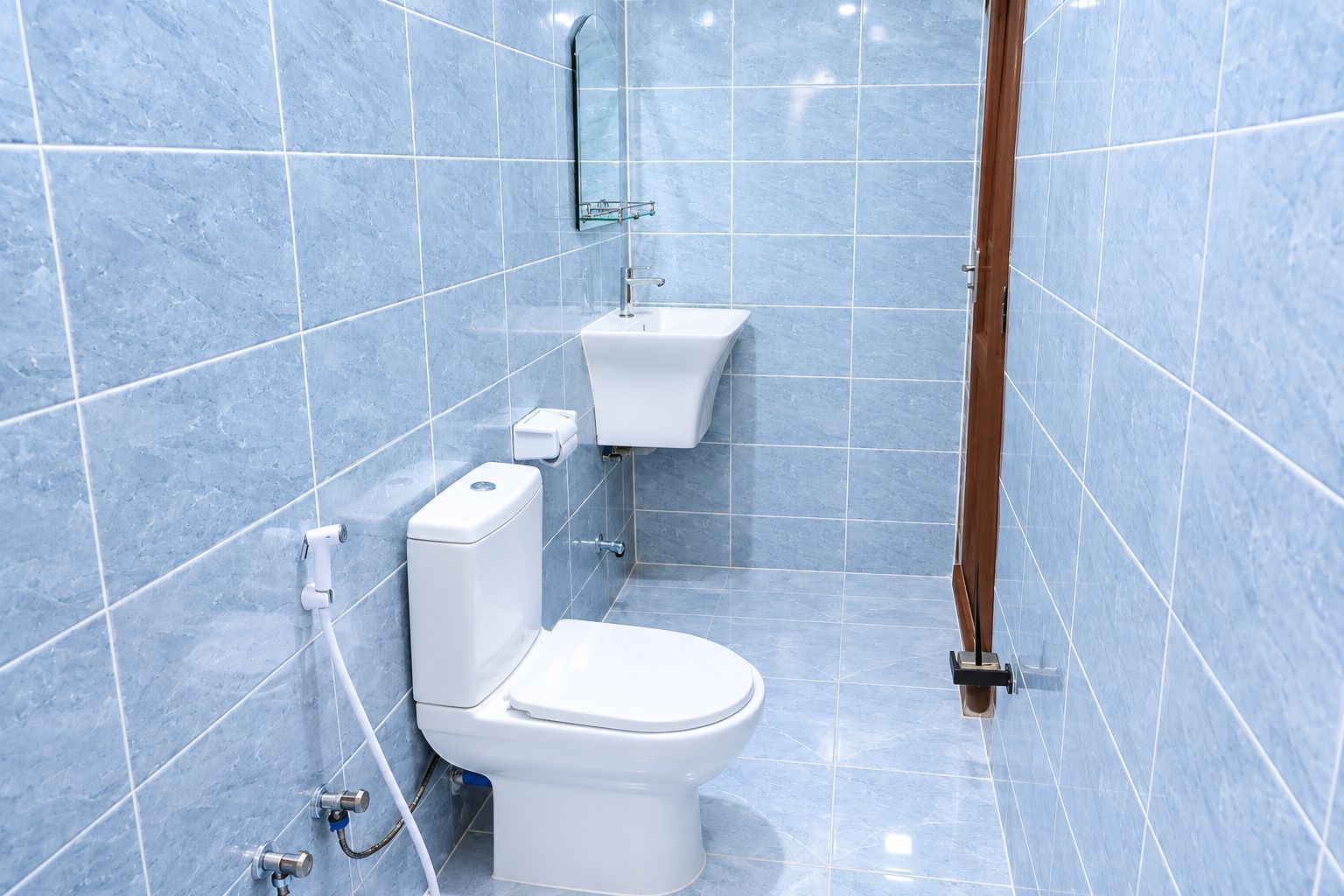 Un baño con inodoro, bidé y ducha.