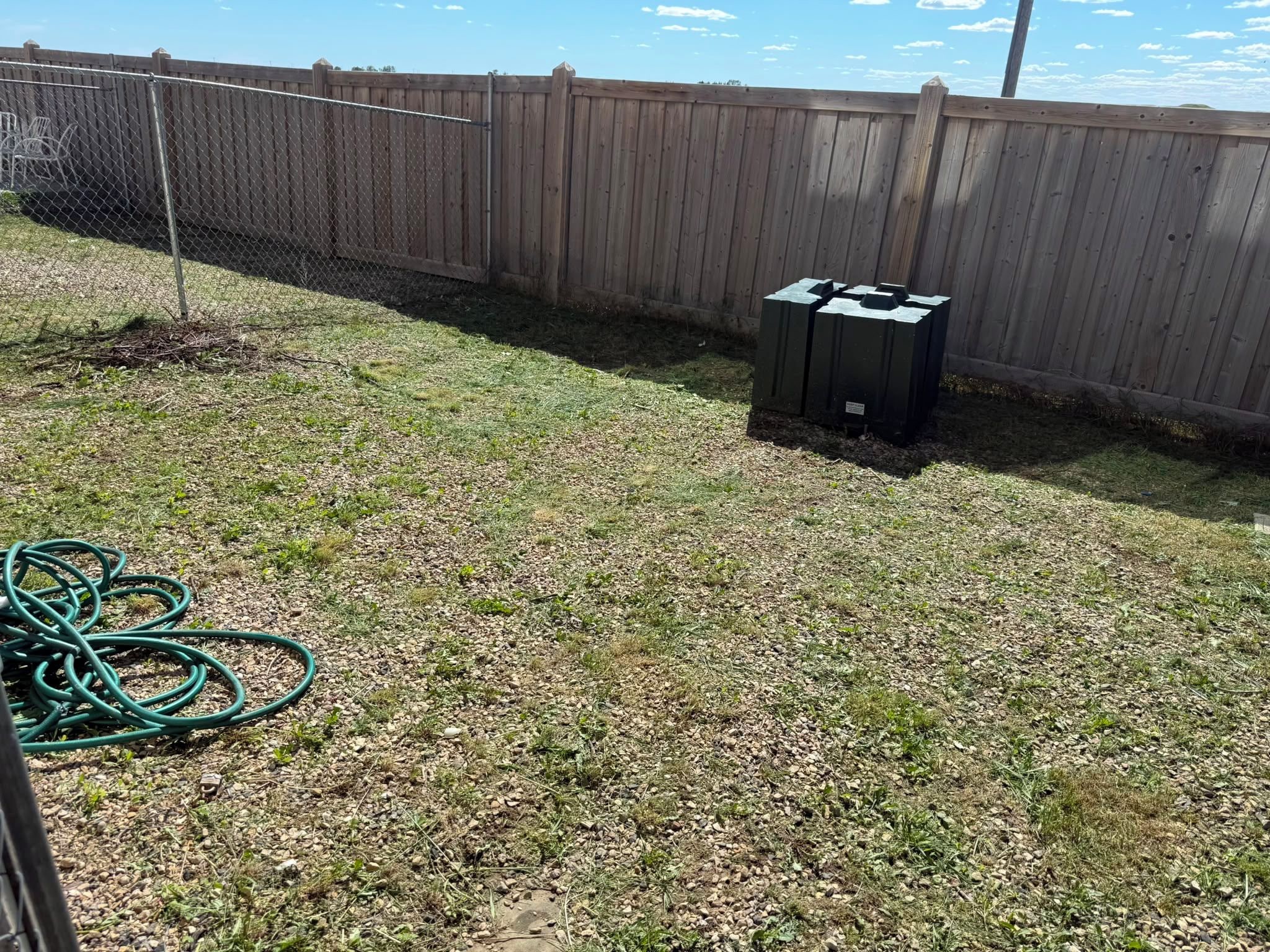 A backyard with a wooden fence, a pile of branches, and a green hose.