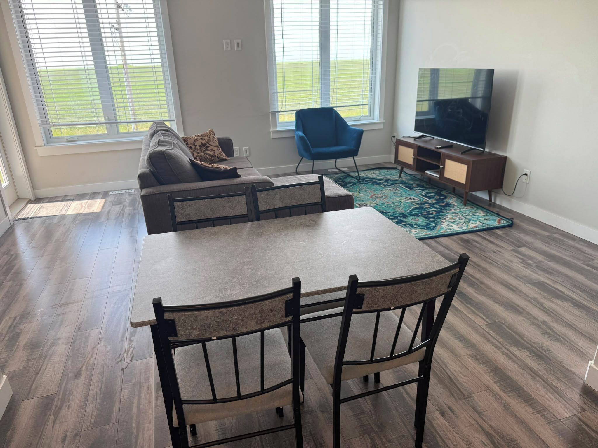 A living room with a sectional sofa, a blue chair, a dining table with chairs, a television, and a patterned rug.