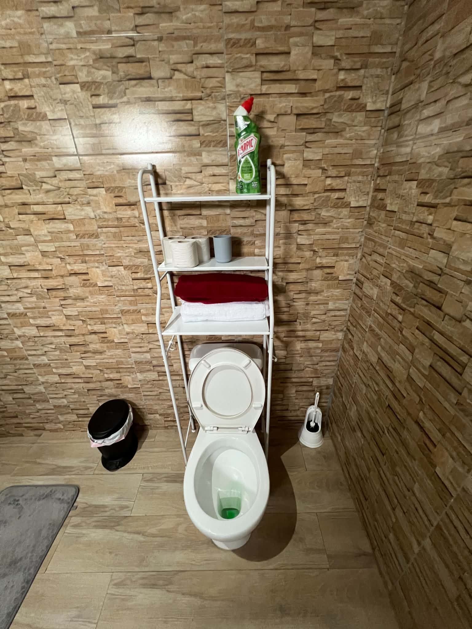 Une petite salle de bain avec des toilettes, une étagère contenant des articles de toilette et un balai.
