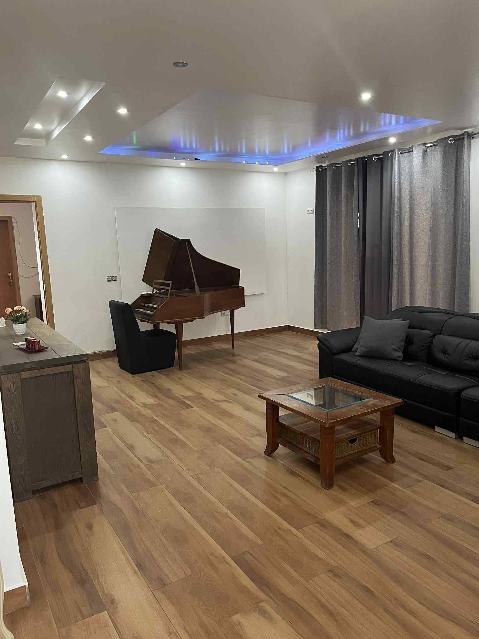 Un salon moderne avec un piano à queue, une table basse en verre et un canapé de couleur foncée.