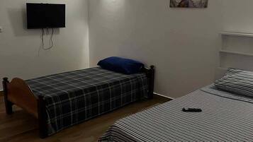 A room with two beds, a flat-screen TV, a painting, and a wall-mounted light fixture.
