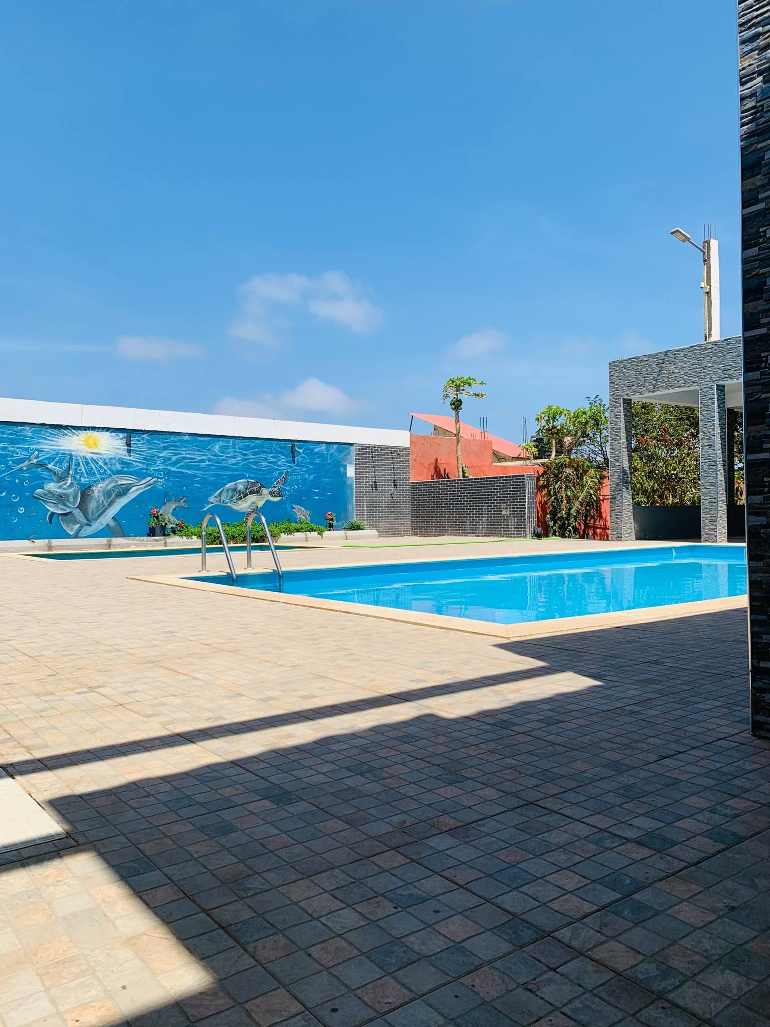 Une piscine ornée d’une fresque représentant des créatures marines sur le mur adjacent, un ciel dégagé et une terrasse carrelée.