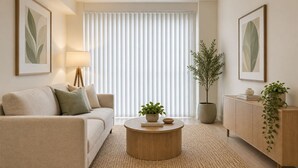 Ein Wohnzimmer mit einer Couch, einem Couchtisch, einer Lampe, einem Blumentopf und einem Schrank.