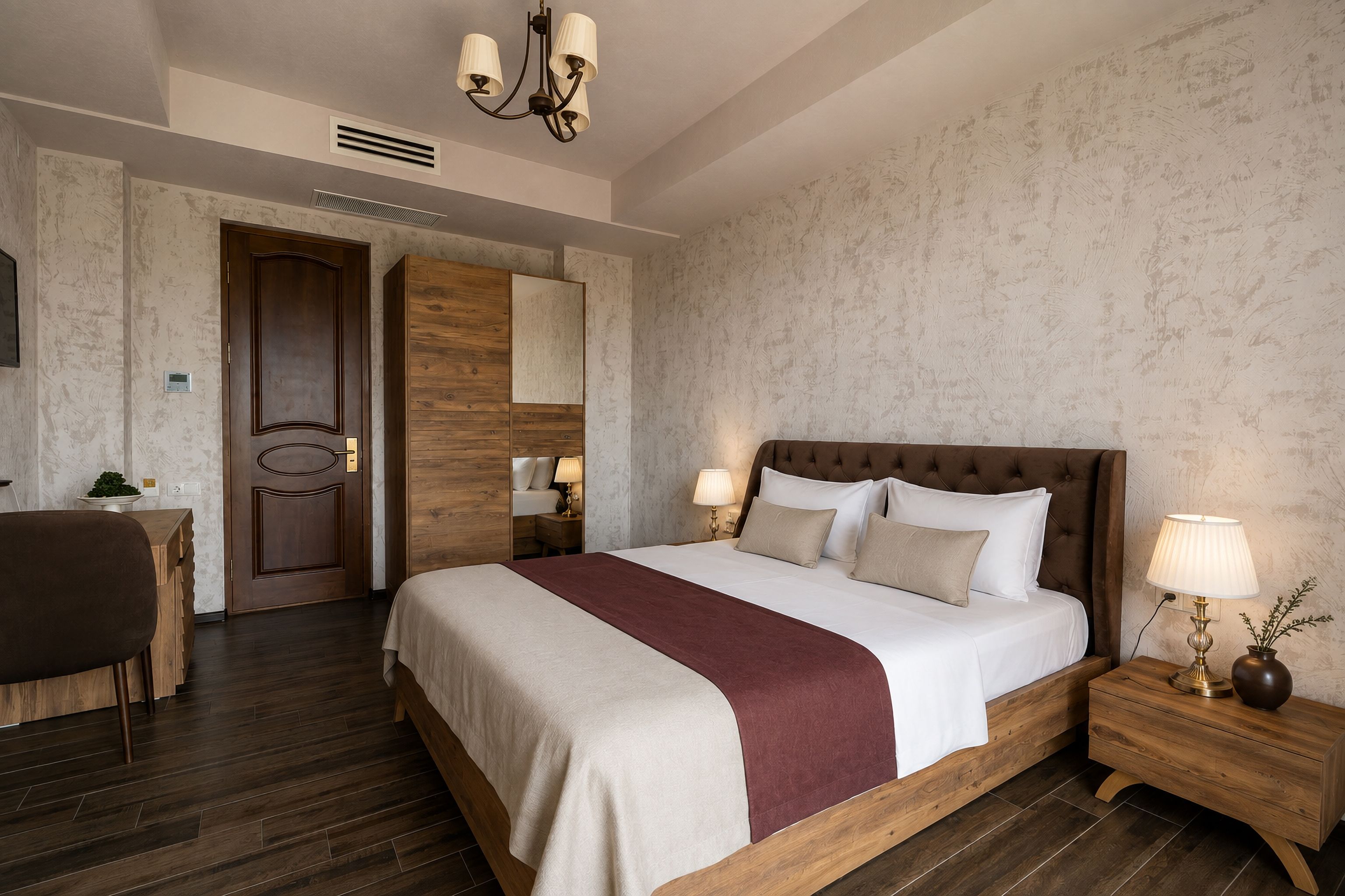A hotel room with a large bed, wooden headboard, two bedside tables with lamps, a wooden desk, and a door leading to another room.