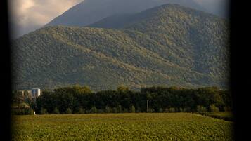 Un paisaje montañoso con un campo en primer plano y un edificio a lo lejos.