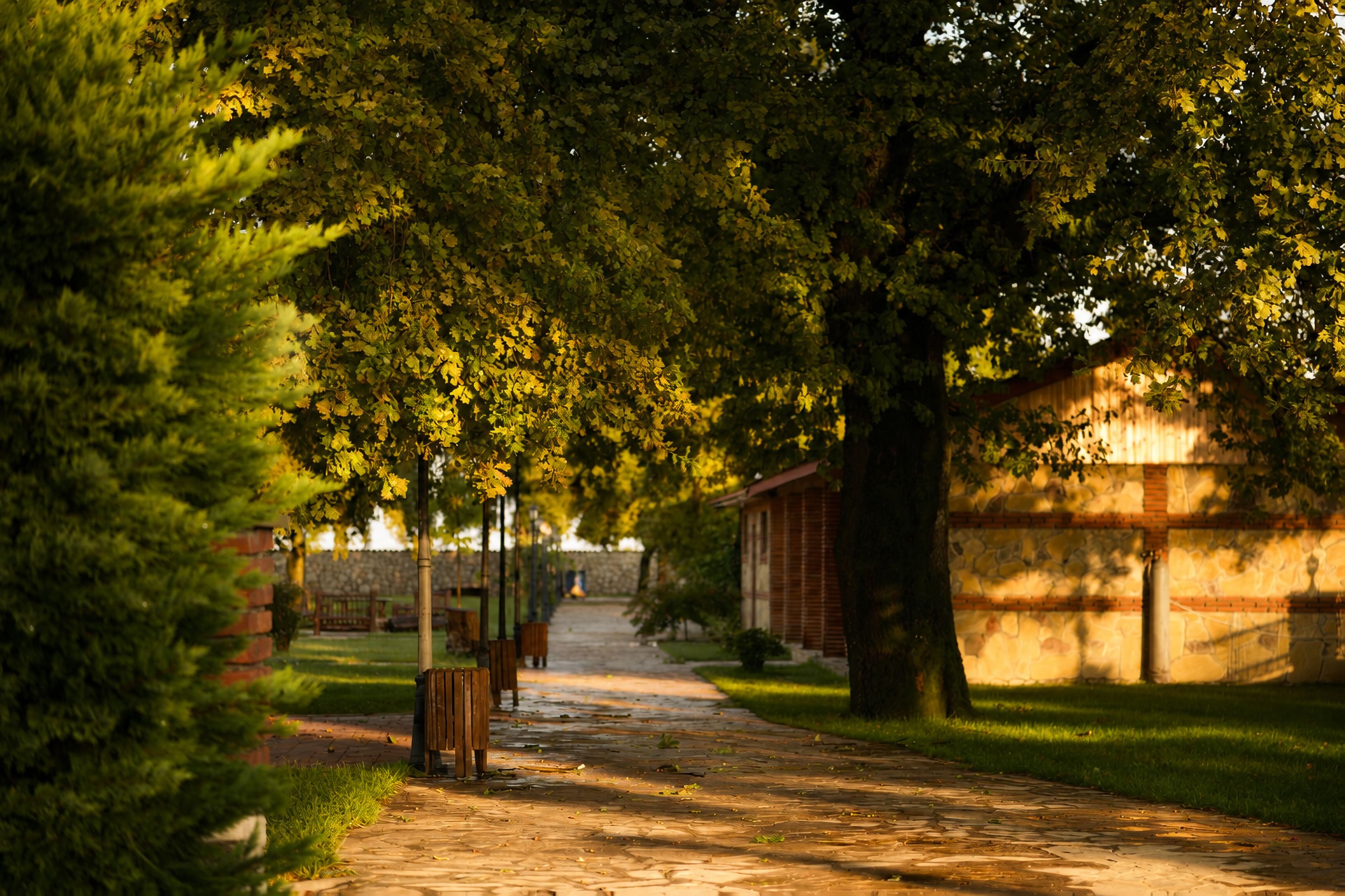 A pathway lined with trees and a brick building in the background.
