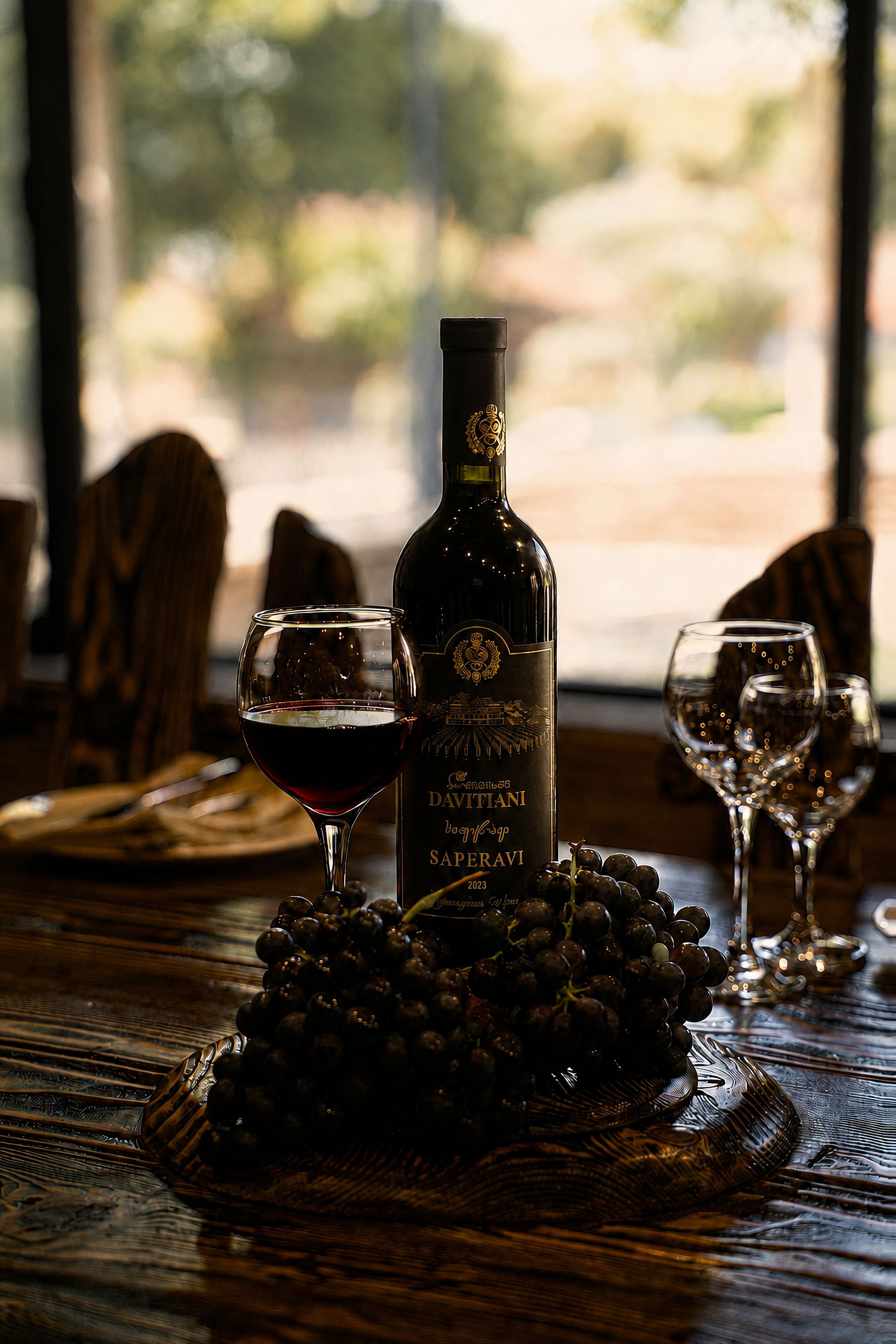 A bottle of wine, two glasses, and a bunch of grapes on a wooden table.