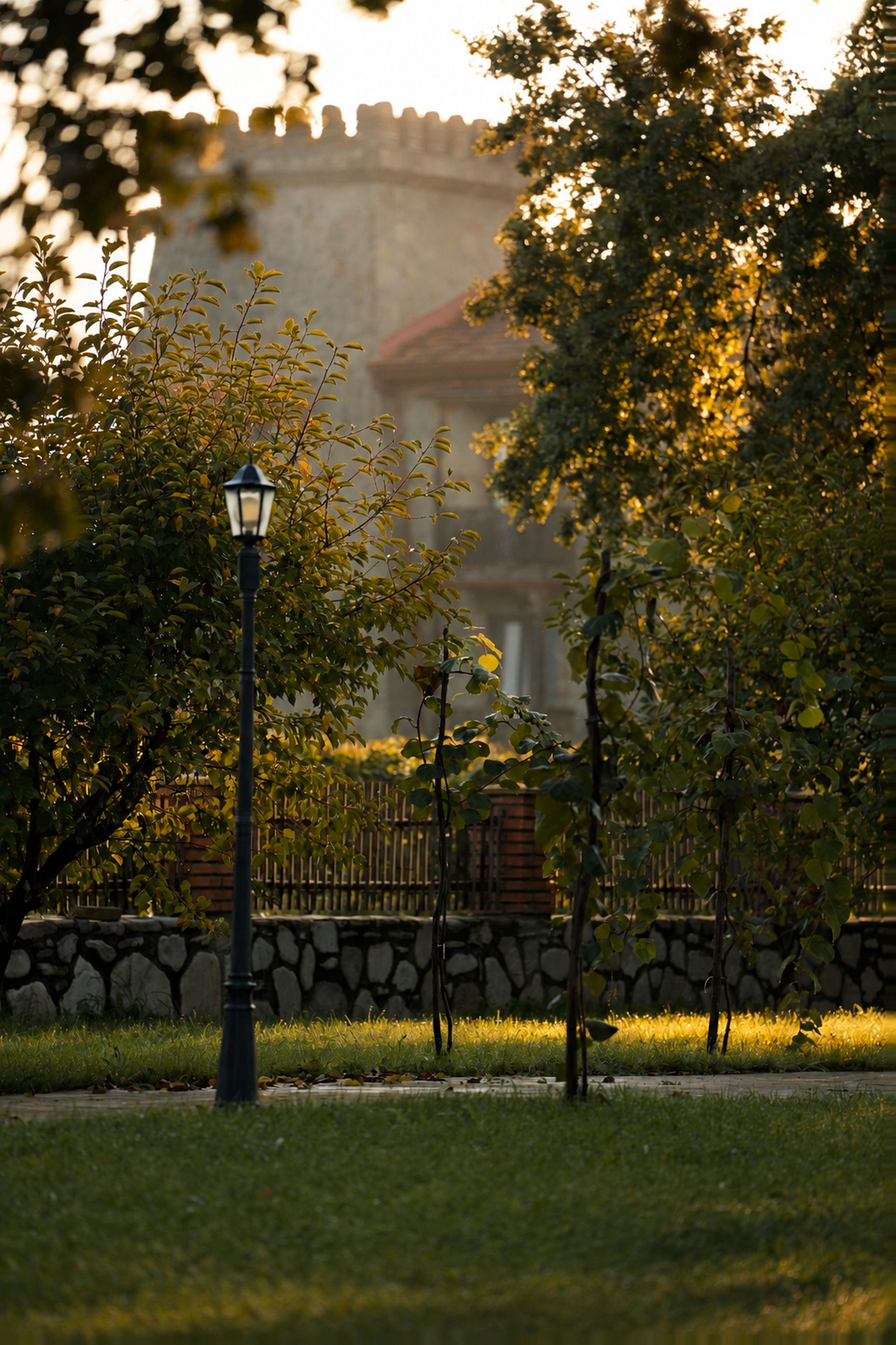 A park with a lamppost, trees, a stone wall, and a distant building.