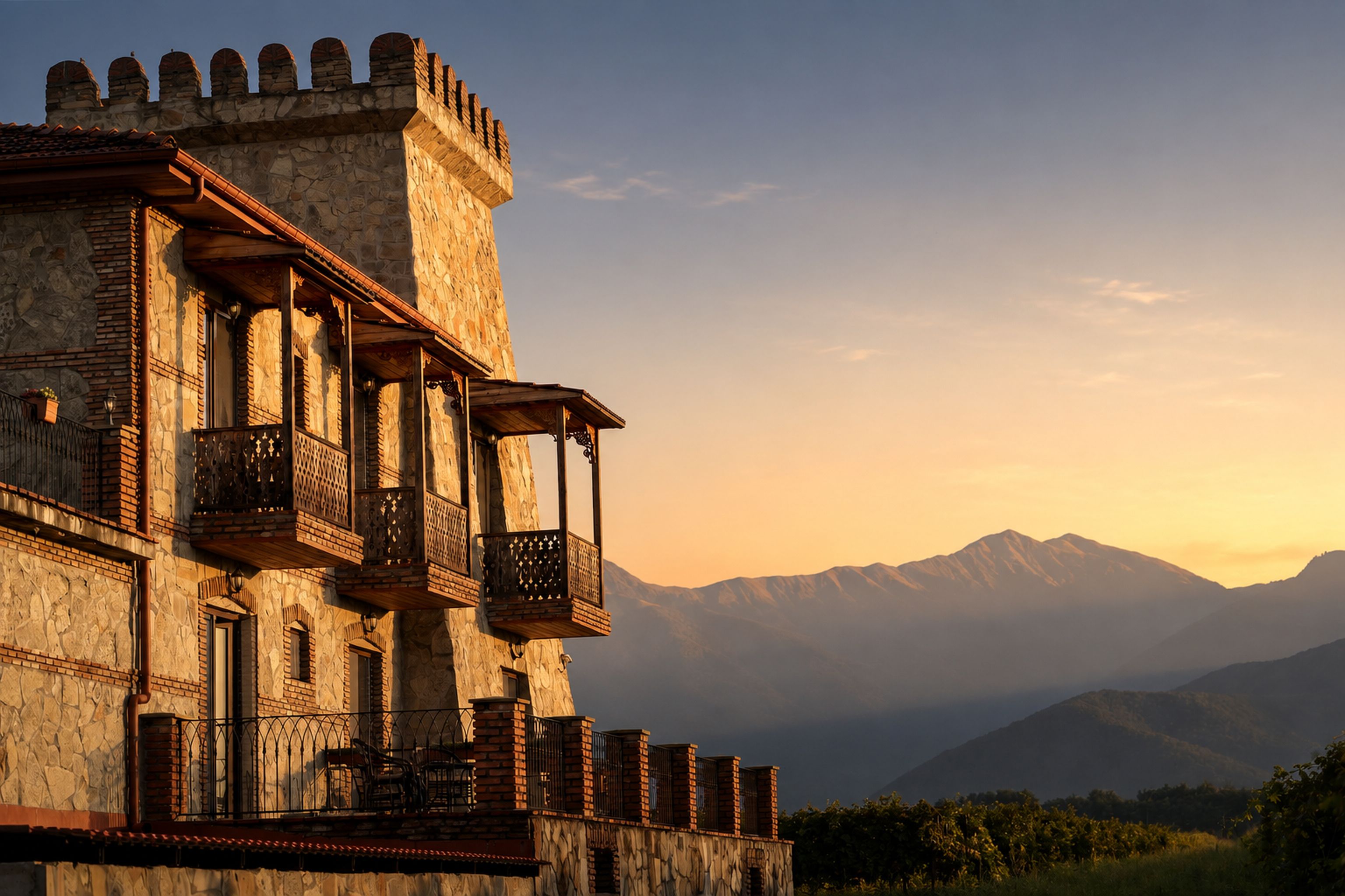 A historic building with a stone facade, multiple balconies, and a mountainous backdrop.