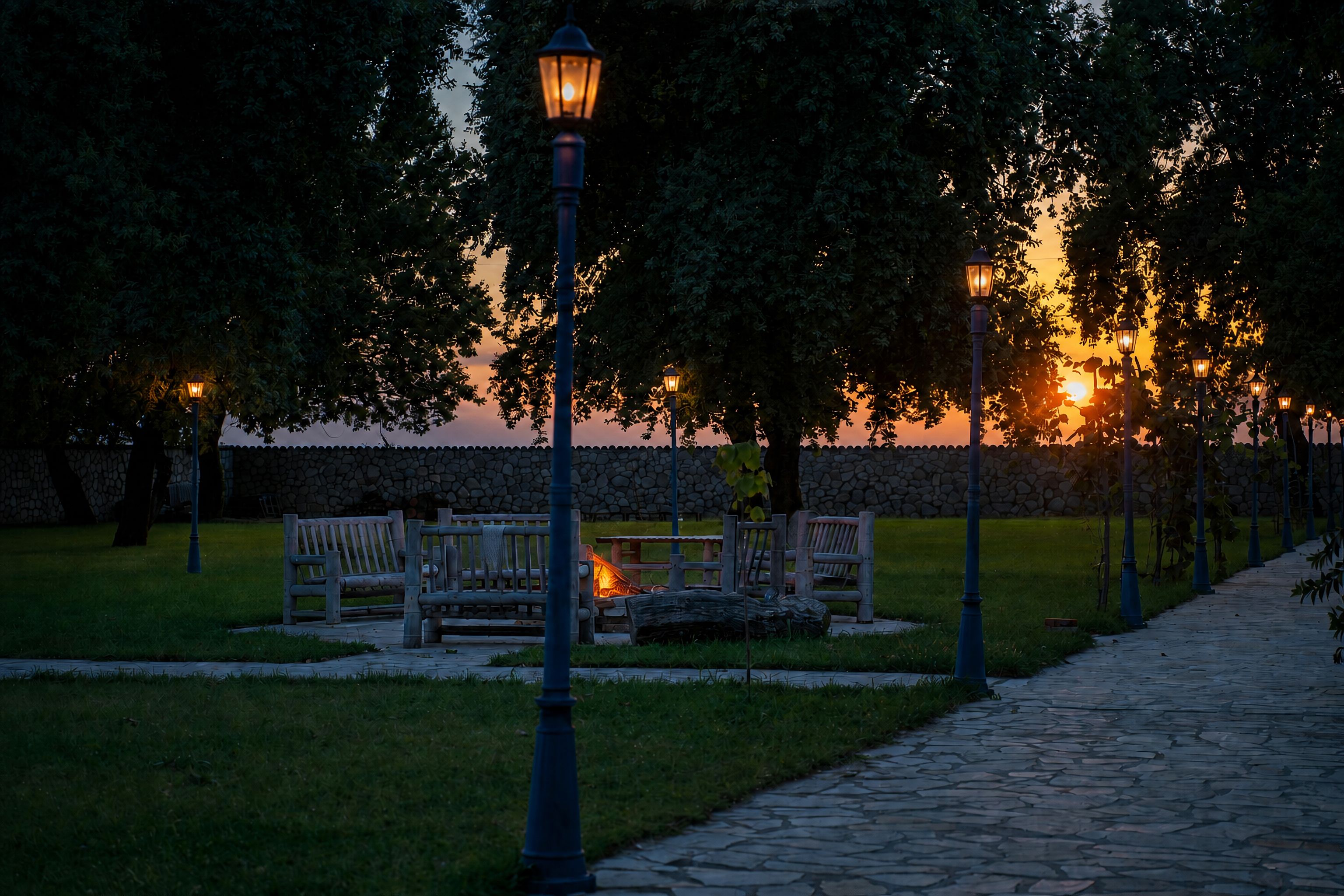 A park pathway with benches and street lamps.