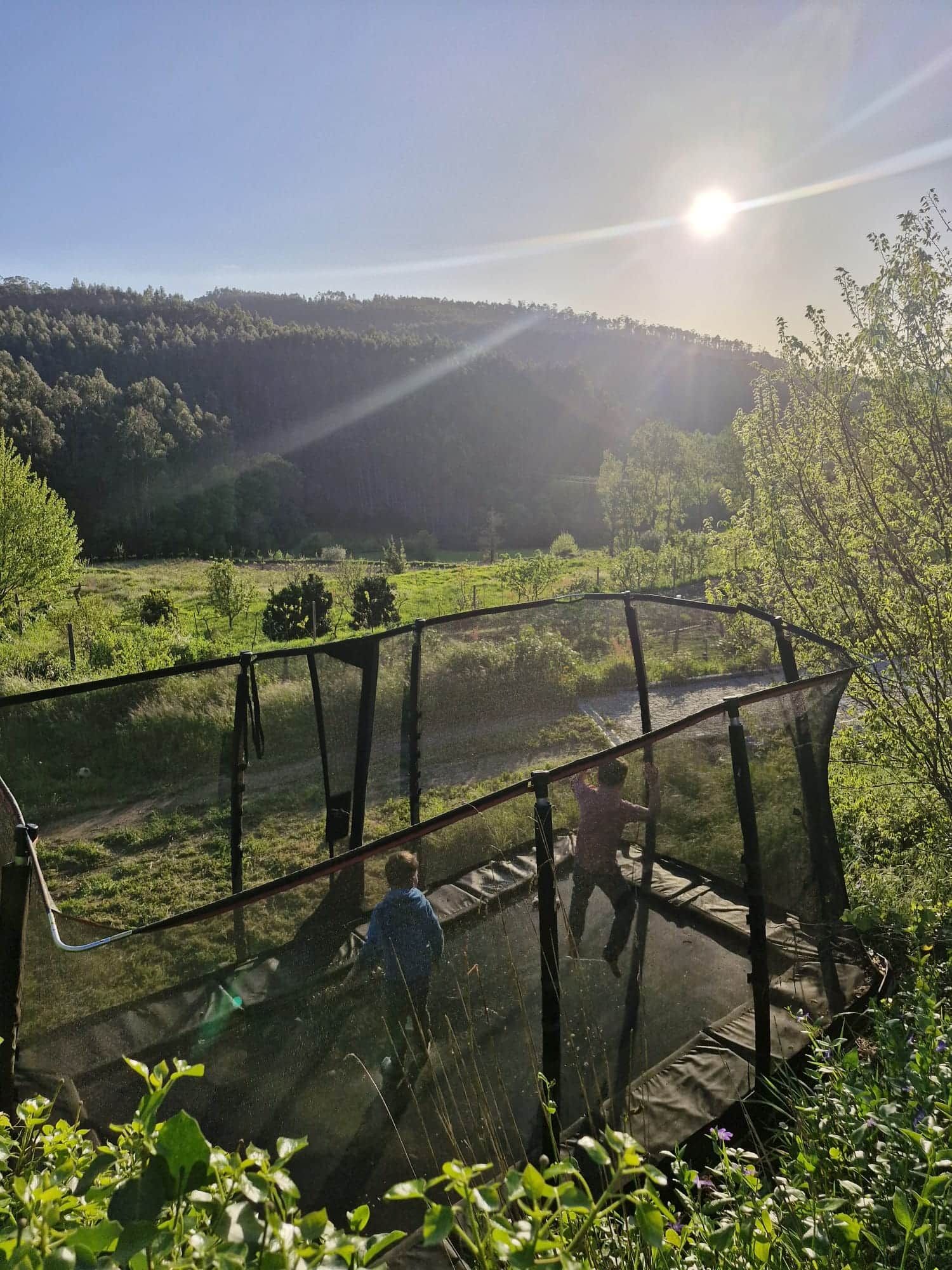Area esterna recintata con un trampolino e una persona che salta.