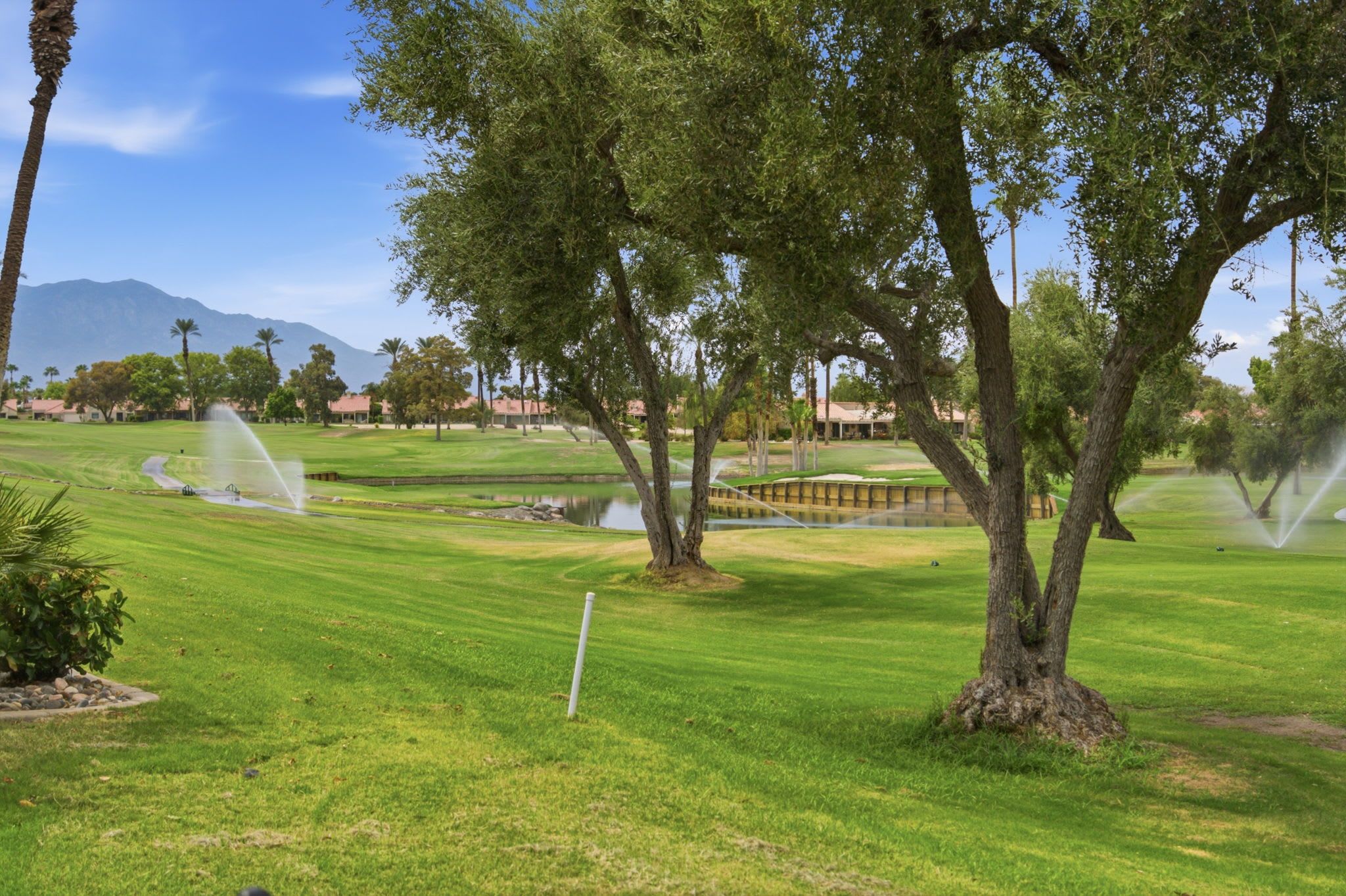 A golf course with a water feature, trees, and a clear sky.