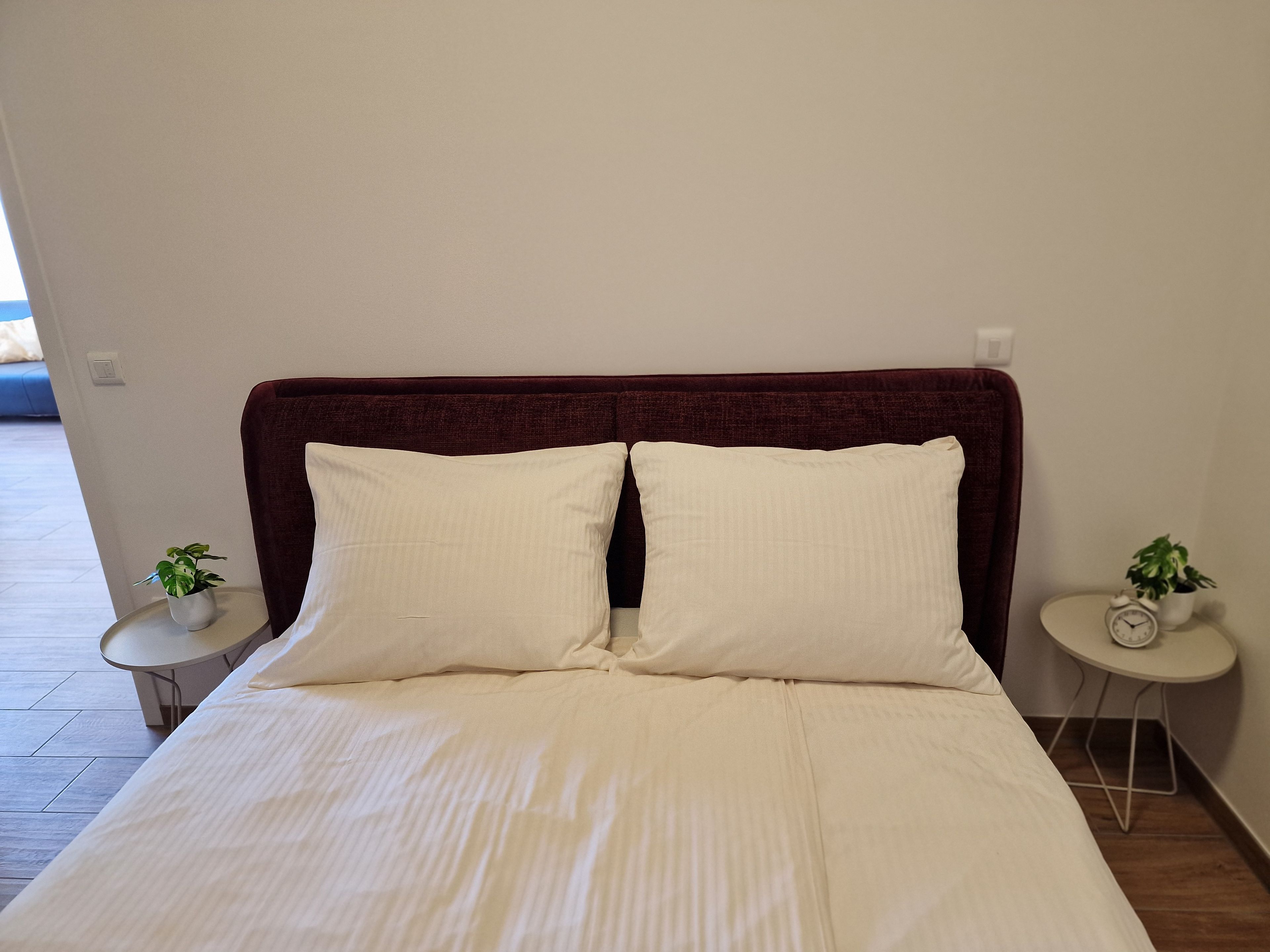 Een bed met hoofdbord, twee kussens en twee nachtkastjes met planten.