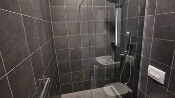 A modern bathroom with dark tiles, a glass shower enclosure, a toilet, and a sink.