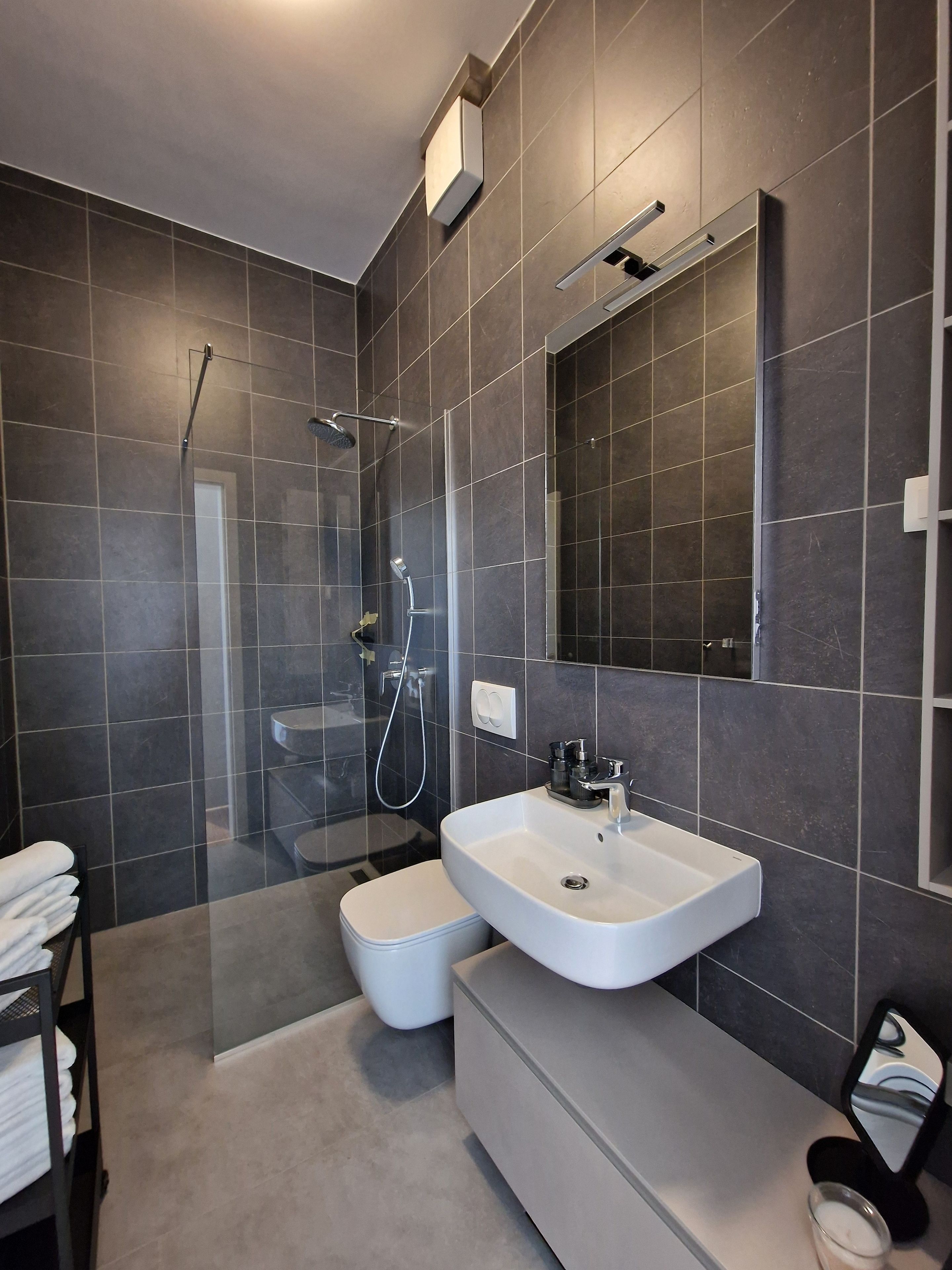 A modern bathroom with a glass-enclosed shower, a white sink, and a large mirror.