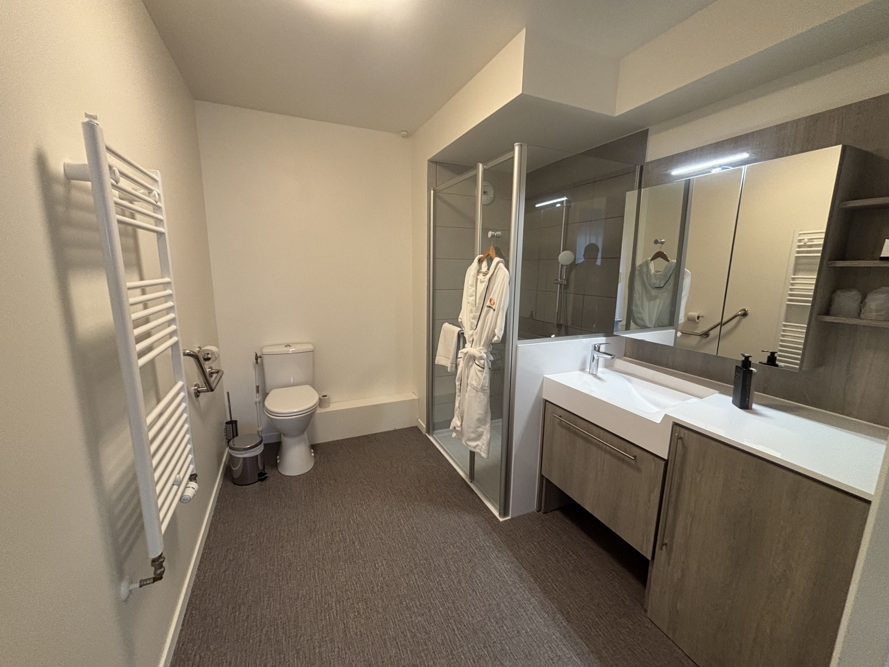 Un baño moderno con inodoro, ducha y tocador.
