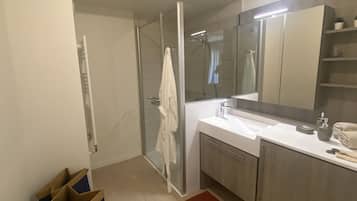 A modern bathroom with a glass shower enclosure, a white sink, and a large mirror.