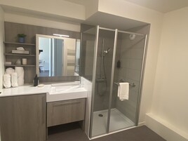 A modern bathroom with a glass-enclosed shower, a vanity with a mirror, and a towel rack.