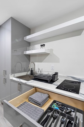 Cozinha moderna com lava-louças embutida, pia de aço inoxidável e fogão por indução preto.