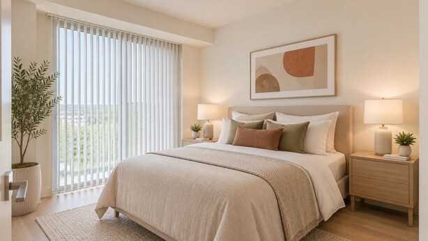 A bedroom with a bed, bedside tables, a lamp, a potted plant, and a window with blinds. - Toronto Five Eight Suites (Toronto)