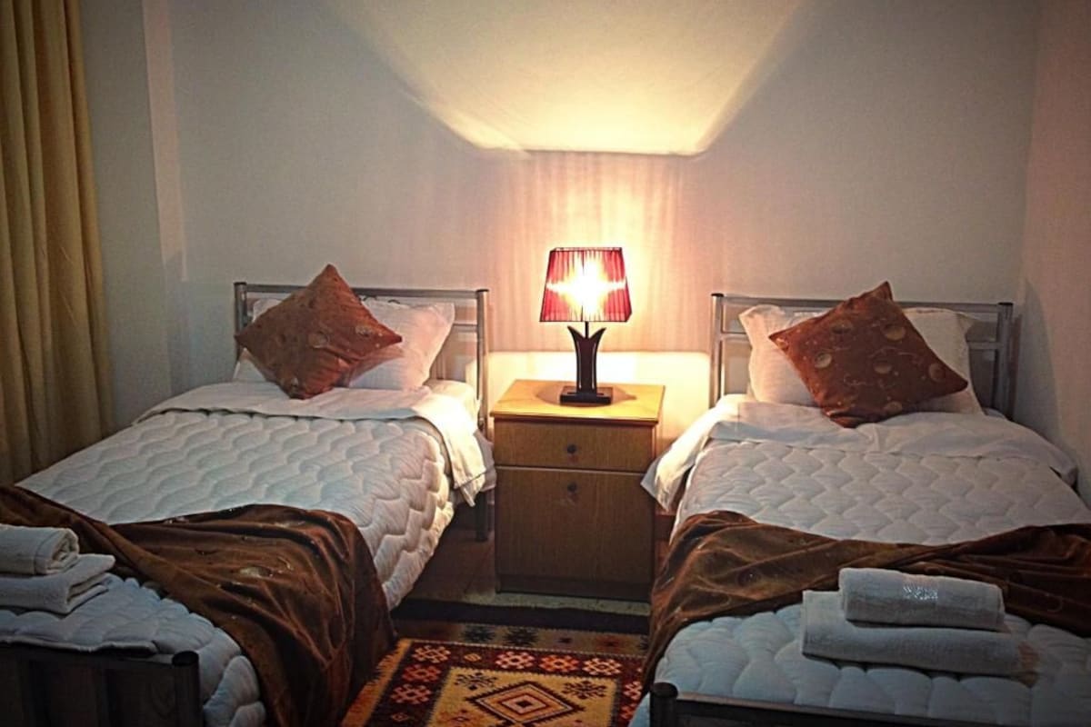 Una habitación de hotel con dos camas, una mesita de noche con lámpara y una alfombra estampada.