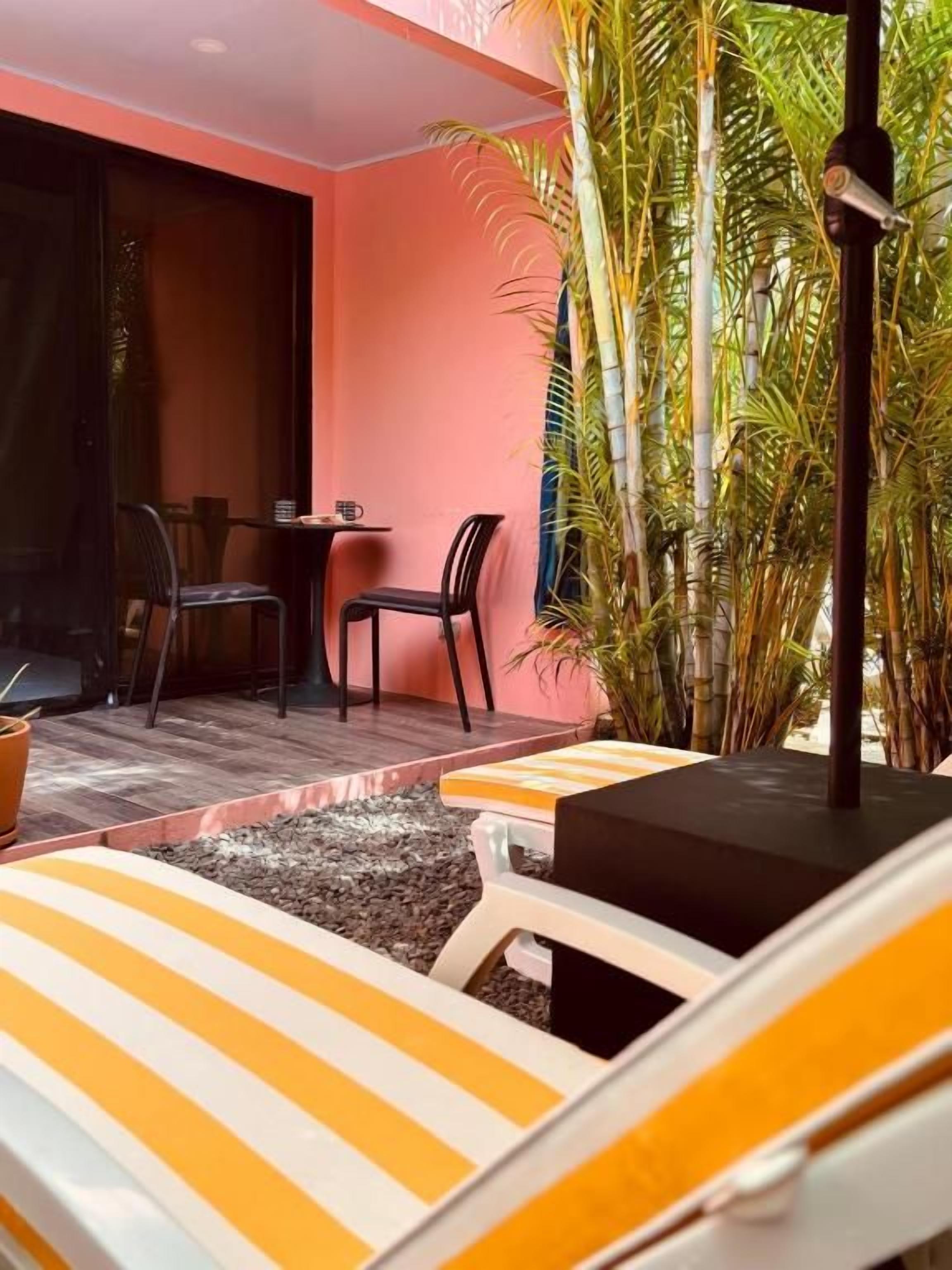 Área de pátio com espreguiçadeiras listradas, uma mesa e cadeiras, cercada por plantas tropicais.