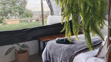 Un dormitorio con cama, una planta colgante, una ventana y vistas al exterior.
