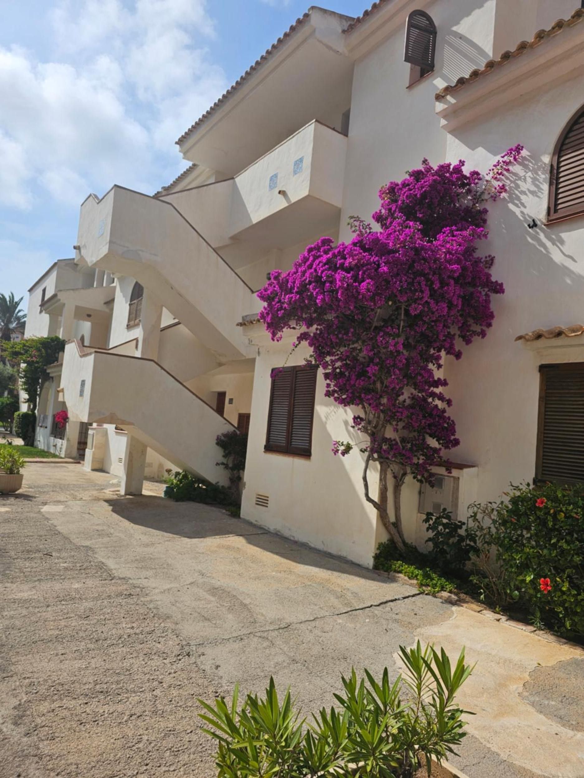 Ein Wohngebäude mit einer Treppe zu einem Balkon, umgeben von einem Garten mit Bougainvillea.