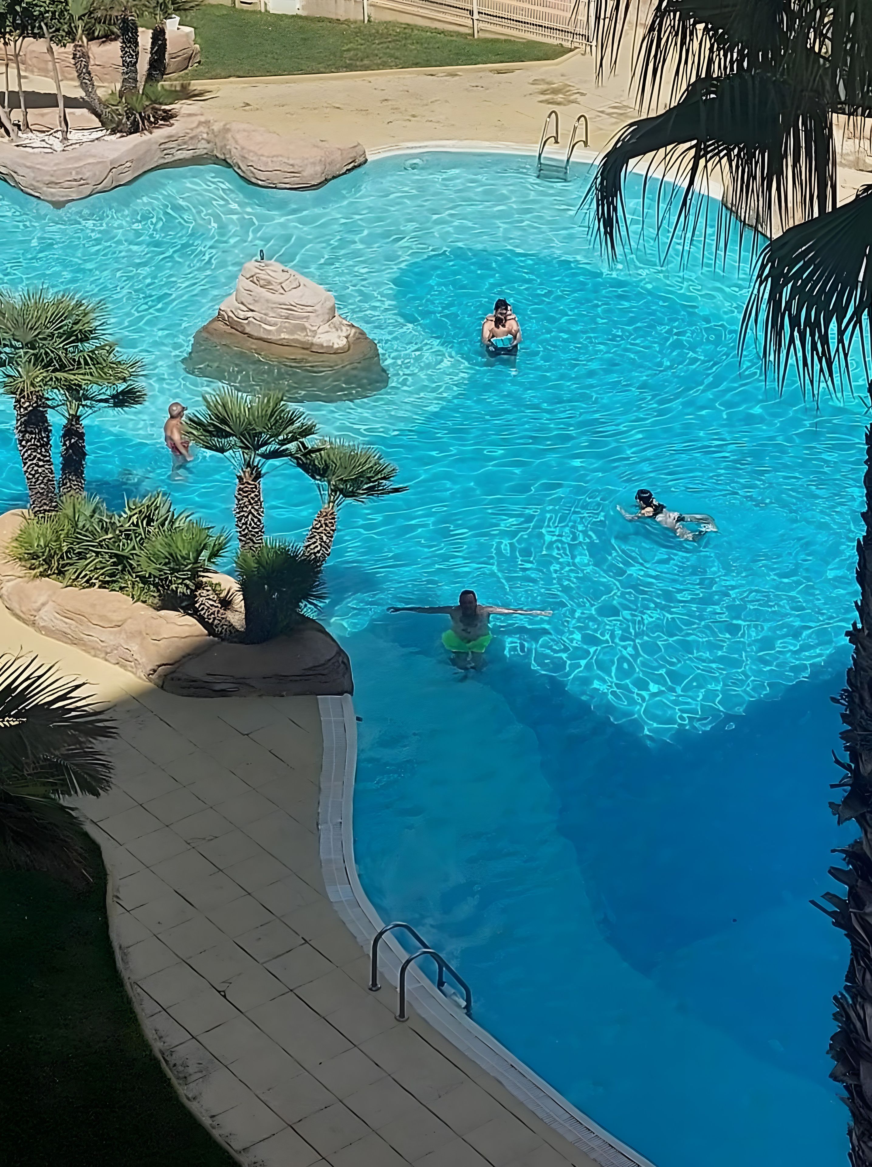 Ein Schwimmbecken mit mehreren badenden und entspannten Personen, umgeben von Palmen und Felsen.