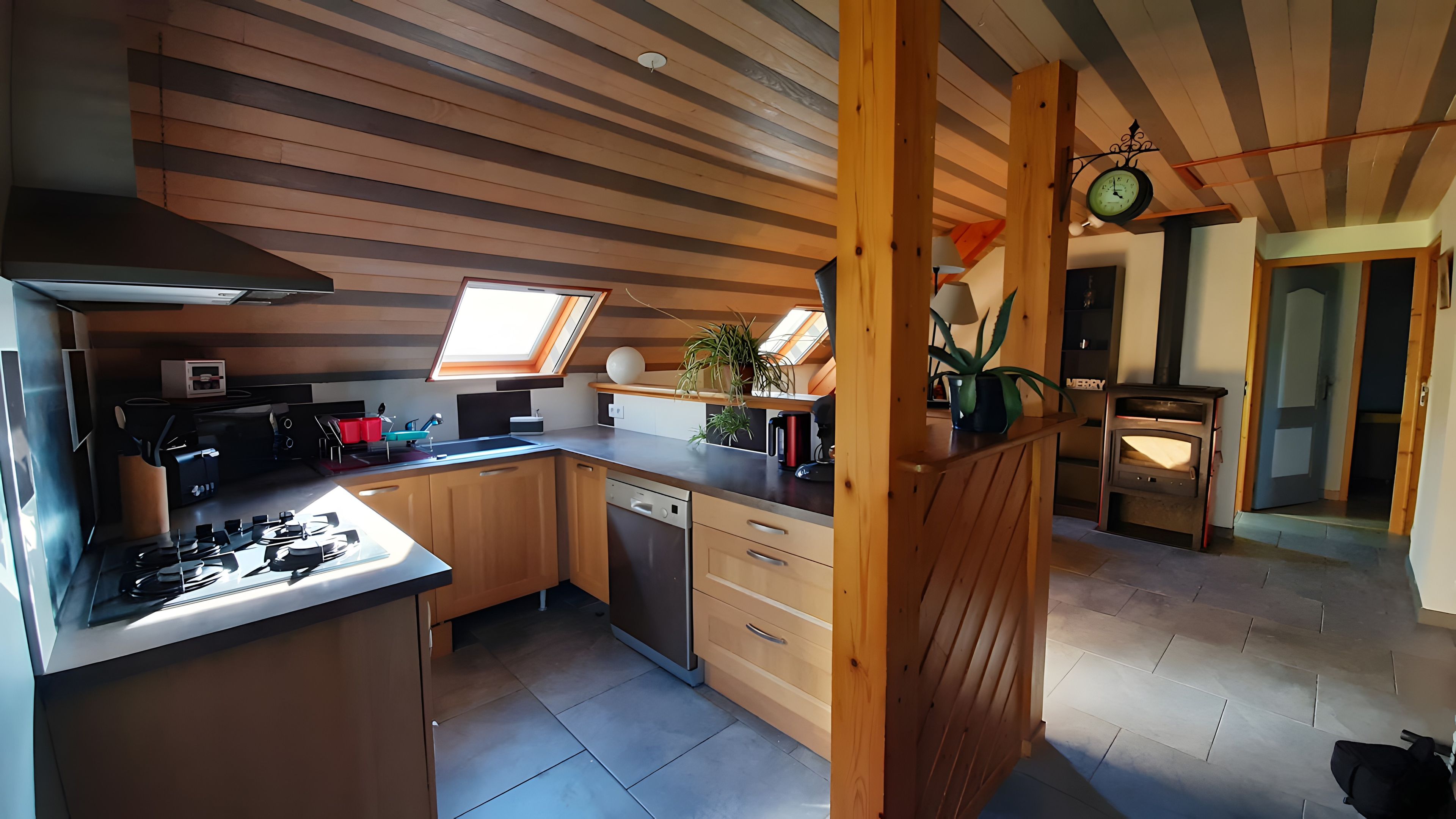 A compact kitchen with a skylight, wooden cabinets, a dishwasher, and a stove.