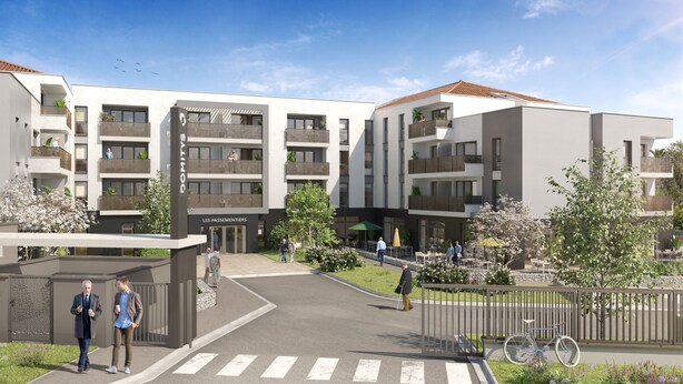 A modern apartment building with multiple balconies, outdoor seating, and a gated entrance. - DOMITYS - Les Passementiers (Villars)