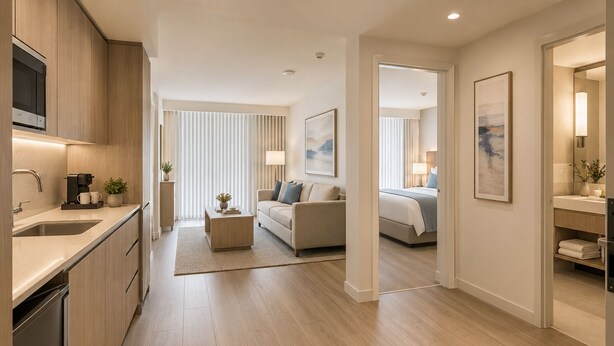 A modern hotel room with a kitchenette, a sitting area with a sofa and coffee table, a bedroom with a bed and bedside lamps, and a bathroom with a mirror and towel rack. - Downtown Top Suites - S Avenue  (Toronto)