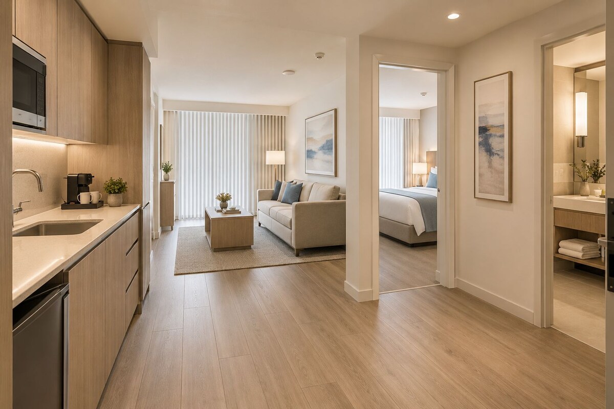 Habitación de hotel moderna con kitchenette, una zona de estar con sofá y mesa de centro, un dormitorio con cama y lámparas de noche, y un baño con espejo y toallero.