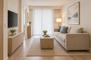 Una sala de estar moderna con televisor de pantalla plana, un sofá, una mesa de centro y un amplio ventanal con persianas verticales.