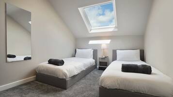 A bedroom with two beds, a skylight, a mirror, and bedside lamps.