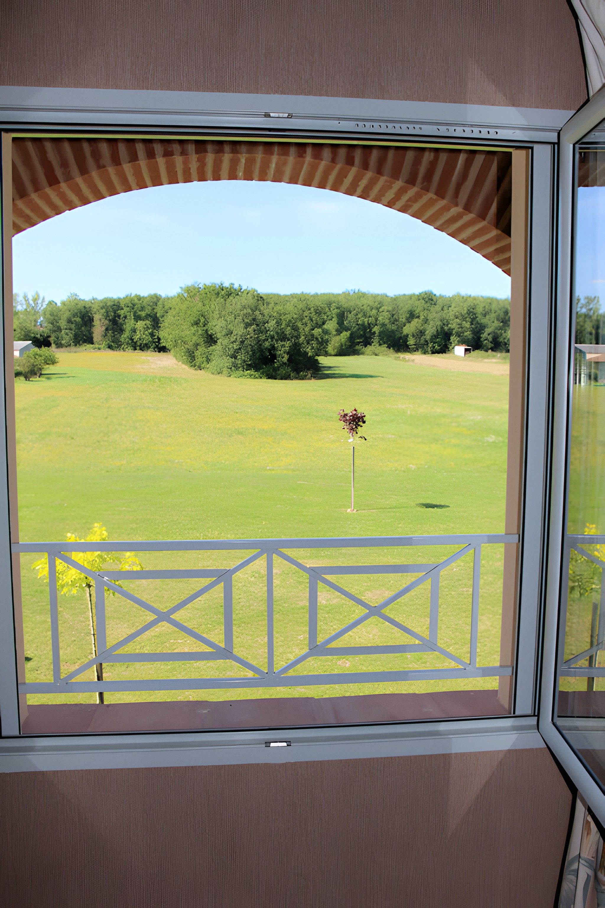 Blick aus einem Fenster auf ein grasbewachsenes Feld und Bäume.